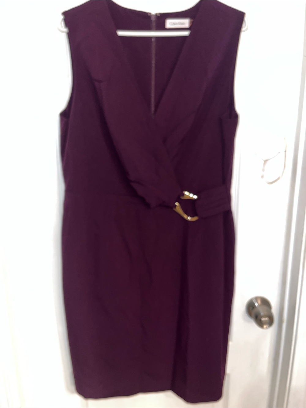Calvin Klein Deep Plum V-Neck Sheath Dress with Gold Buckle